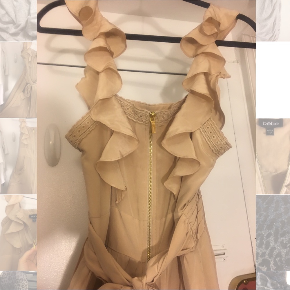 Bebe Beige ZipUp Ruffled Dress with Pockets